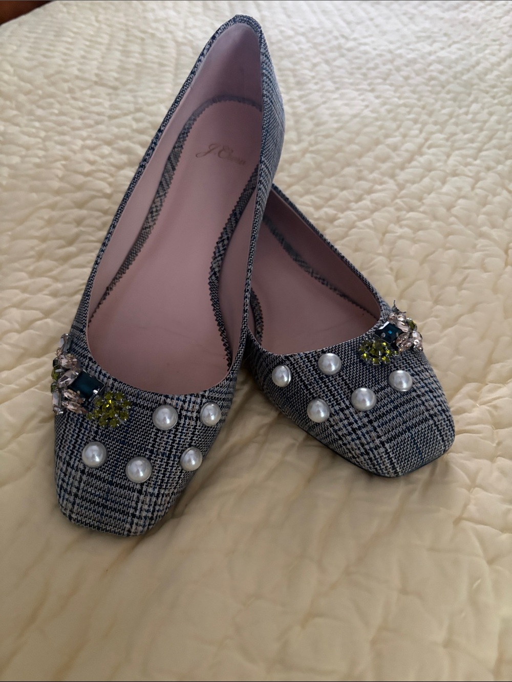 J. Crew Embellished Plaid Women's Ballet Flats - Pearl & Crystal Accent